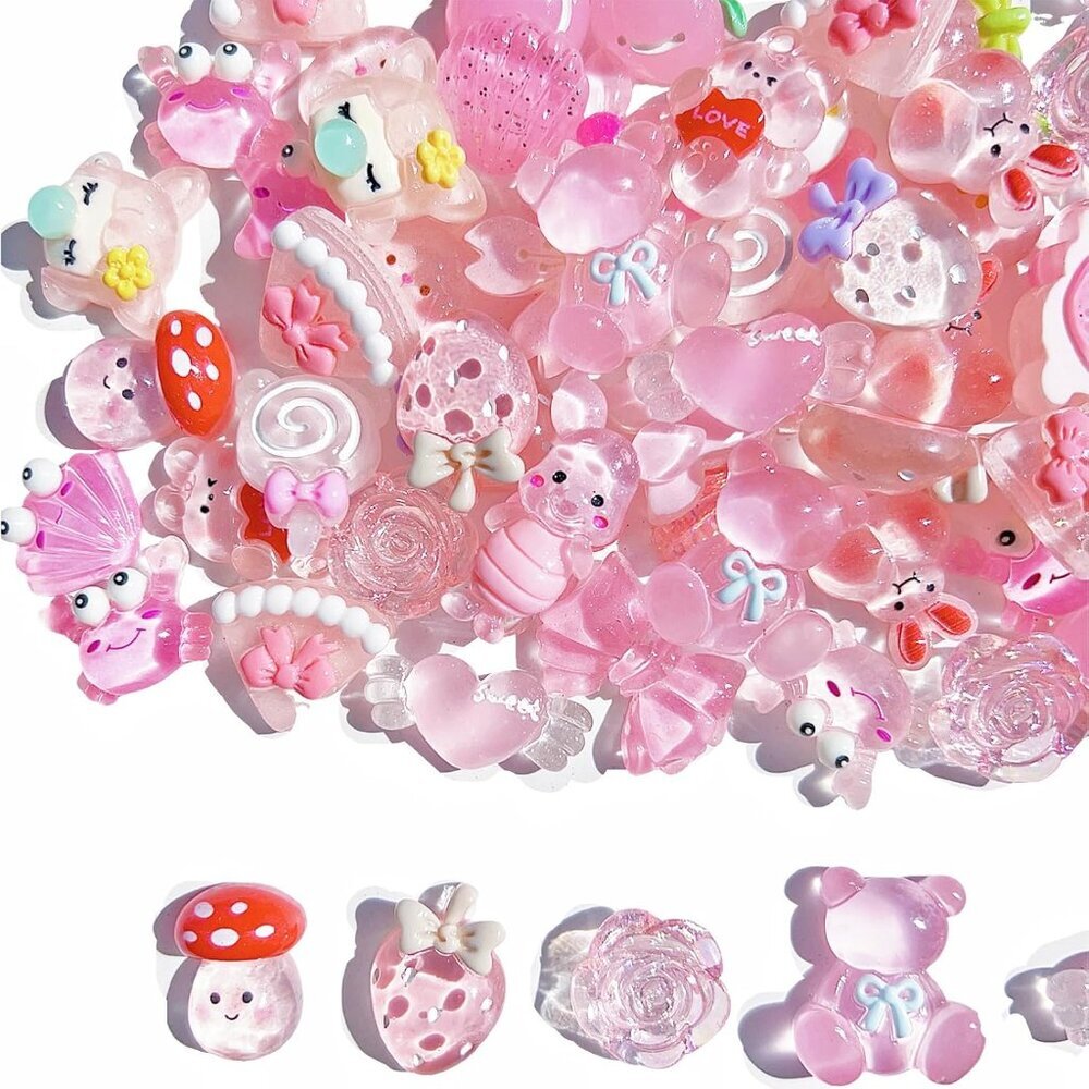 60pcs Cute Set, Pink Flat Back Bulk Mixed Resin Set Ornament Scrapbooking - Picture 4 of 5
